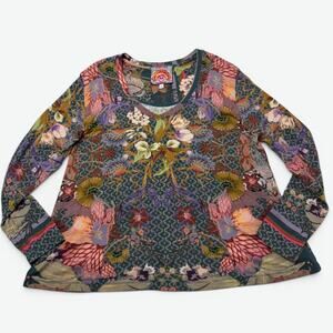 Johnny Was Aran Flower Favorite Tee Womens Medium Long Sleeve V Neck Top Floral